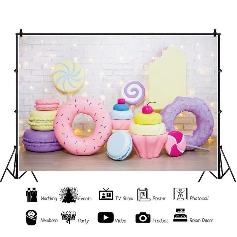 DASHAN 7x5ft Donut Backdrop Donut Candy Cake Smash White Brick Wall Polyester Photography Background for Baby Shower Party Girl Birthday Portrait Banner Baby Girl 1st Birthday YouTube Photo Prop - Image 4